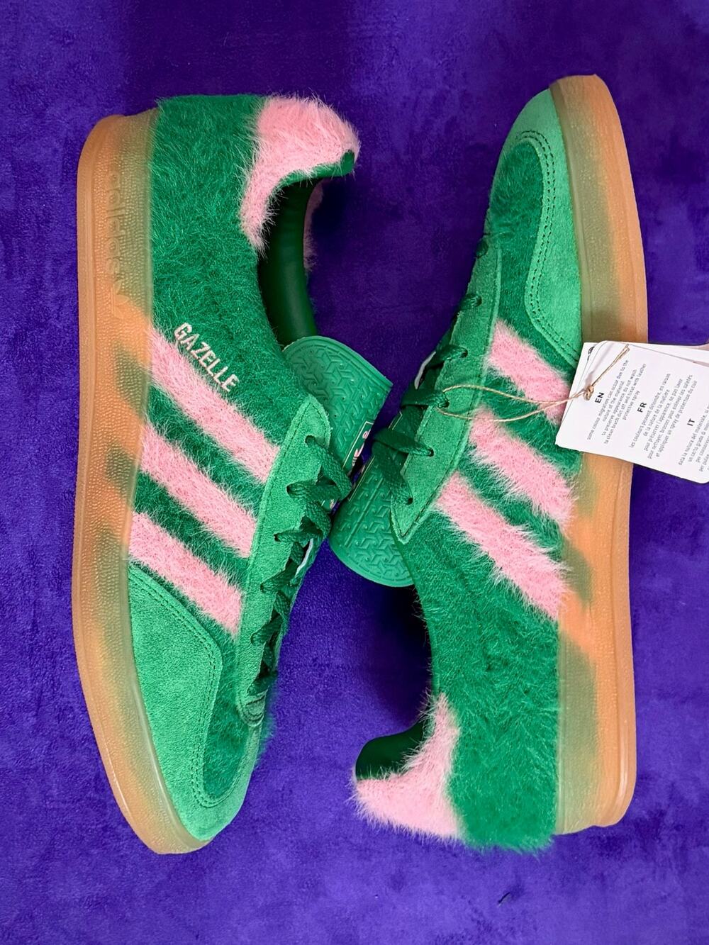 adidas Originals Gazelle Indoor Fuzzy Green Pink Fur Sneakers Gum Sole NWT